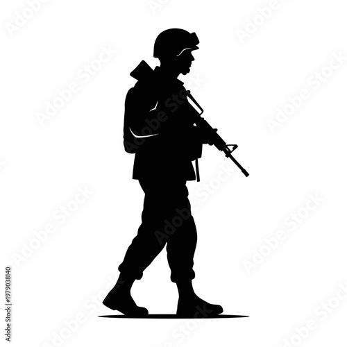 Silhouette soldier walking with rifle illustration in flat vector style for military concept.