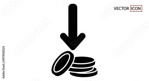 Arrow Down Icon Pointing to Stack of Coins, Financial Decrease Concept