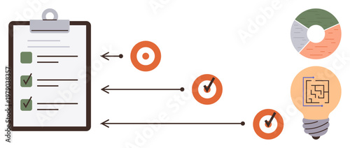 Task management, productivity, workflow planning, business strategies, goal setting, innovation. Illustrated clipboard with checklist, targets pie chart and lightbulb. Task management