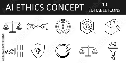 AI ethics concept icon set. Decision making, transparency, algorithm logic, privacy, prioritization, system control. Balance, filter, loop, compass, black box. Clean geometric shapes.