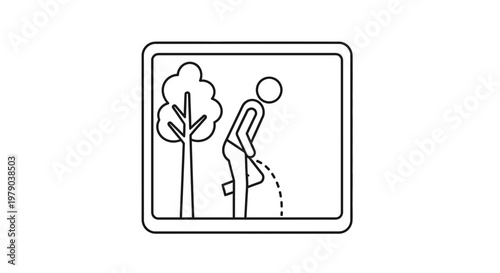 Man Urinating Outdoors Next to Tree, Public Restroom Sign Concept