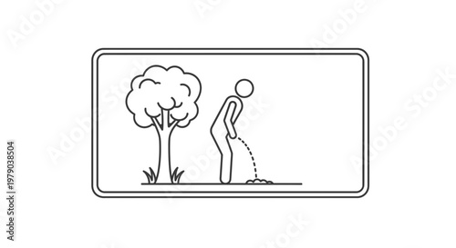 Man Urinating Outdoors Next to Tree, Public Restroom Sign Concept