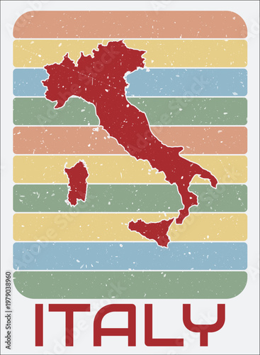 Italy vintage logo. Shape of the country on retro colored stripes background. Italy map design with grunge scratch texture. Vector illustration.