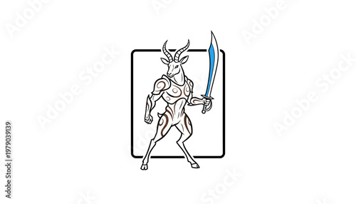 Mythical Antelope Warrior with Sword, Fantasy Creature, Digital Art