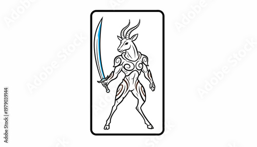 Mythical Antelope Warrior with Sword, Ancient Guardian, Fantasy Creature Art