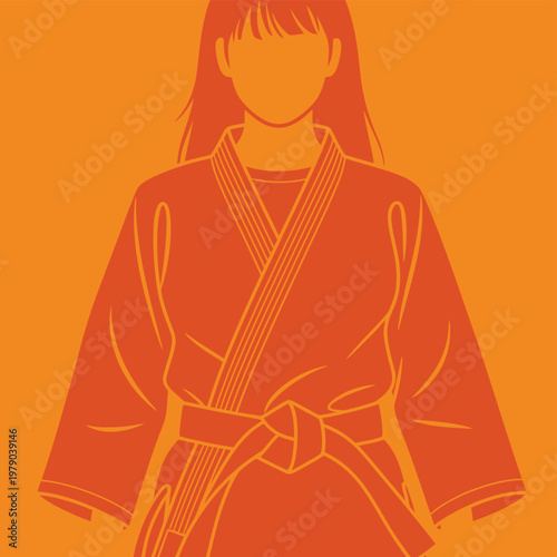 A stylized illustration of a person wearing a martial arts uniform against an orange background.