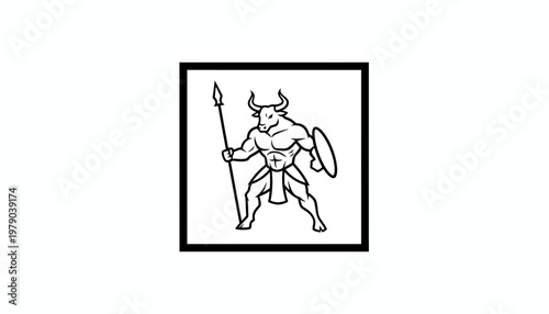 Mythical Minotaur Warrior with Spear and Shield, Ancient Greek Mythology Creature