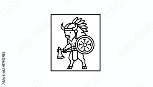 Native American Warrior Character with Axe and Shield, Stylized Illustration