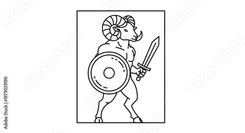 Mythical Warrior Ram Man with Sword and Shield, Zodiac Aries Symbol, Fantasy Creature