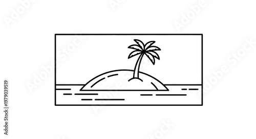 Minimalist Line Art: Tropical Island Paradise with Palm Tree and Ocean Waves