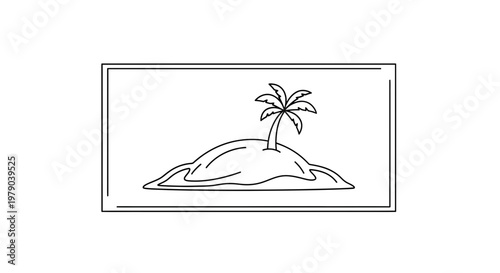 Minimalist Line Art: Tropical Island with Palm Tree in Rectangle Frame