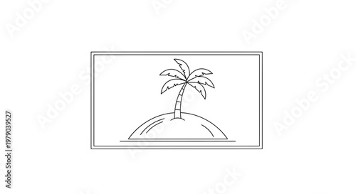 Minimalist Line Art: Tropical Island with Palm Tree in a Rectangle Frame