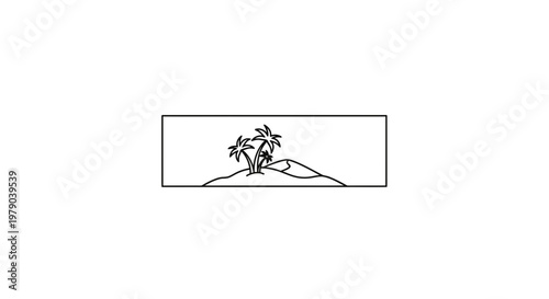 Minimalist Line Art: Tropical Island with Palm Trees and Dunes