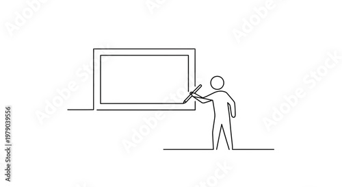 Minimalist line drawing of a person presenting at a whiteboard, education concept