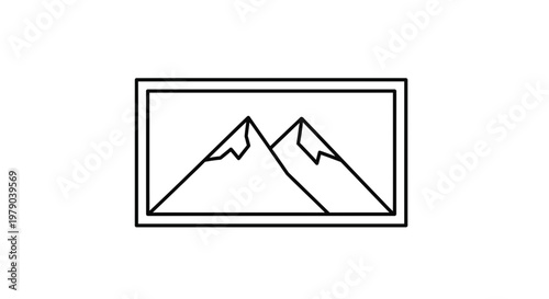 Minimalist Mountain Landscape Icon: Simple Line Art of Peaks in a Frame