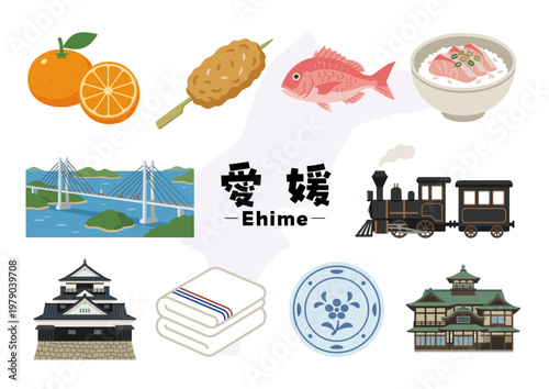 愛媛県の観光・特産・文化アイコンセット（みかん・鯛めし・じゃこ天・しまなみ海道・松山城・道後温泉・タオル・砥部焼）