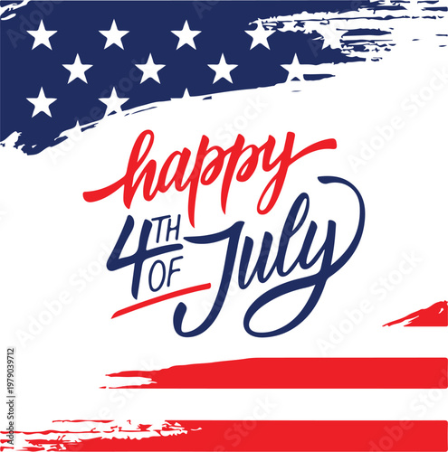 Foto Happy Independence with brush stroke background in United States national flag and stylish hand writing text of Happy 4th of July