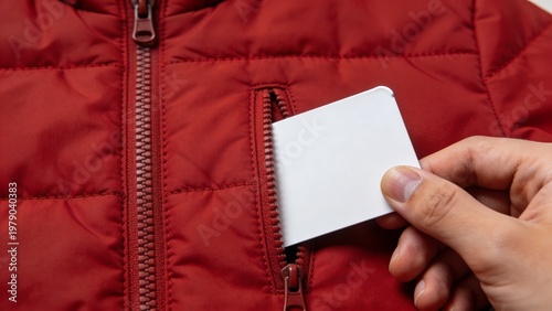 Blank White Card Being Inserted into Red Jacket Pocket Close Up Hand Minimal Flat Lighting Clean Identity Mockup with Zipper Detail