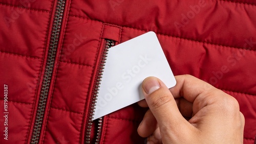 Blank White Card Being Inserted into Red Jacket Pocket Close Up Hand Minimal Flat Lighting Clean Identity Mockup with Zipper Detail