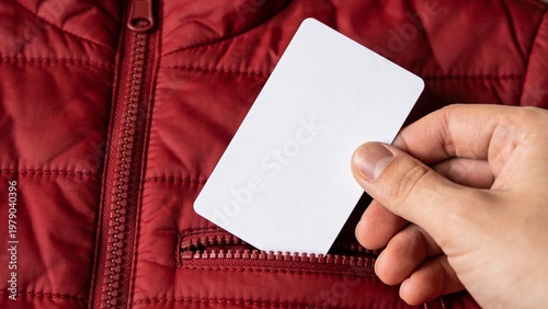 Blank White Card Being Inserted into Red Jacket Pocket Close Up Hand Minimal Flat Lighting Clean Identity Mockup with Zipper Detail