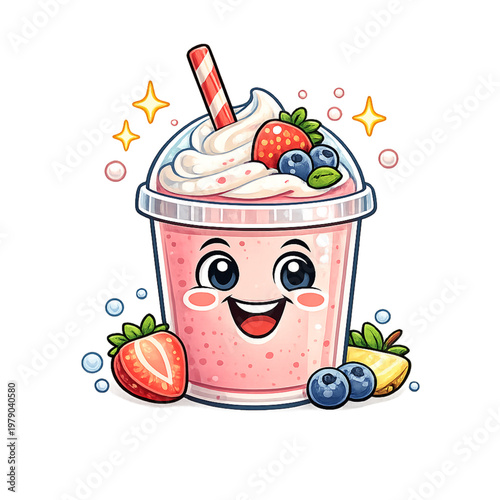 kawaii smoothie, fruity friends illustration, cute smoothie character, adorable fruit companions, kawaii drink art, smiling smoothie cartoon, cute healthy beverage, pastel fruit design, kawaii food il