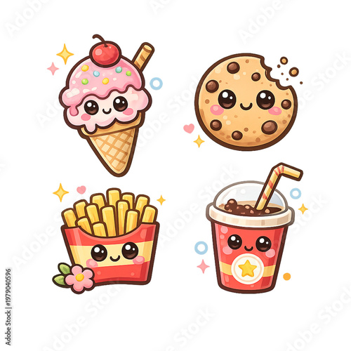 kawaii snack collection, cute snack characters, snack collection with faces, adorable food assortment, kawaii food illustration, smiling snacks cartoon, cute junk food characters, kawaii snack pack, p