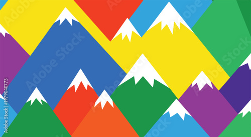 Colorful, geometric illustration of layered, snow-capped mountain peaks