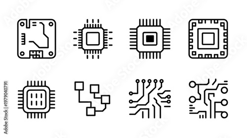 Circuit Board Line Icon Set – Technology PCB and Electronic Connection Symbols