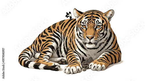 A tiger lying down on a white background, looking directly at the camera with its orange and black stripes visible.