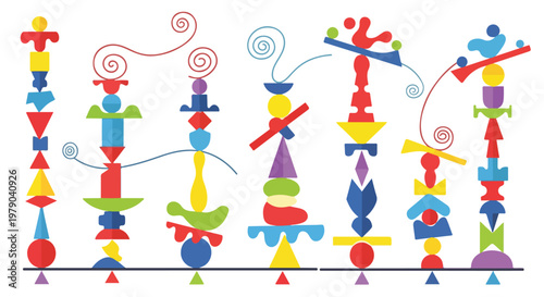 Colorful geometric shapes balance with lines and swirls, against a white background