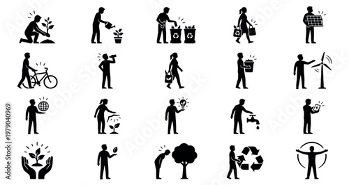 Carbon Footprint Reduction Concept Silhouettes Set Pack. Editable Vector Stroke Illustration. featuring vector, graphic, illustration, icon, set, ecology, green, nature, environment more silhouettes.