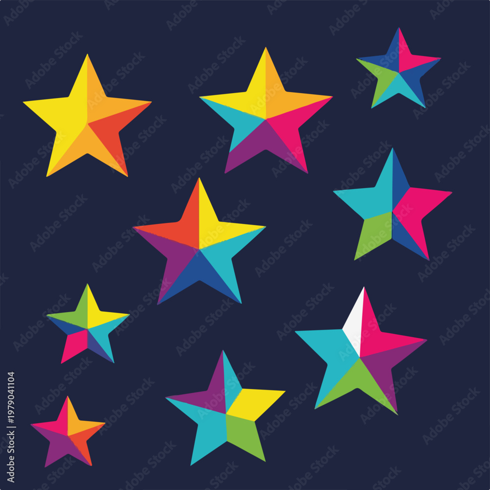 Fototapeta premium Colorful, geometric star shapes against a dark blue background