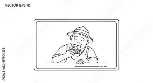 Man wearing a hat eating a sandwich at a table, line drawing