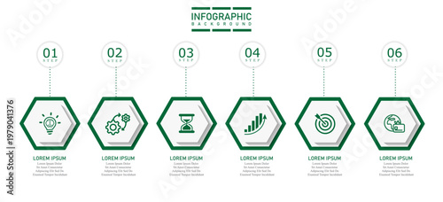 6 steps infographic template with hexagonal shapes, abstract modern layout, data visualization elements, presentation background, business workflow chart, colorful minimal design vector illustration