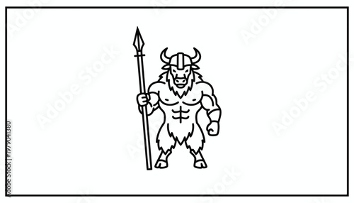 Mascot Minotaur Warrior with Spear, Muscular Bull Man, Ancient Greek Mythology Character