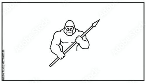 Mascot Gorilla Warrior Holding Spear, Fierce Ape Character with Weapon, Vector Illustration