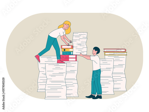 Two people working together to manage a overwhelming amount of paperwork and files. Workaholic illustrations. Flat vector concepts.