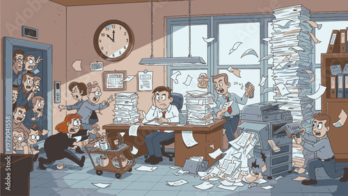 Cartoon illustration of a chaotic office scene with people overwhelmed by stacks of paperwork and files.