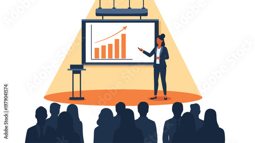 Flat illustration of a businessperson presenting a graph on a projector screen to an audience in a conference setting with a simple, professional design.