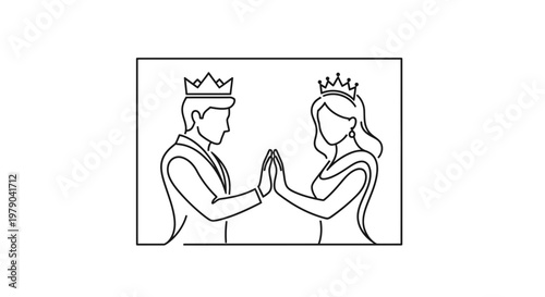 King and Queen holding hands, royal couple, love, unity, single line art illustration