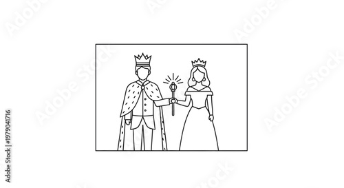 King and Queen Holding Scepter, Royal Couple Icon, Line Art