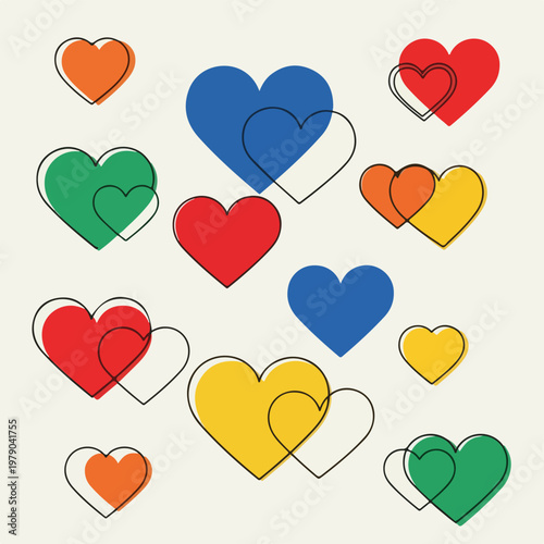 Colorful hearts of various sizes and hues float on a cream background