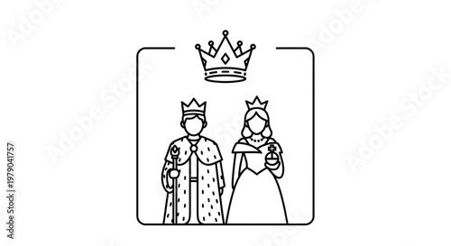 King and Queen Icons: Royal Couple Silhouette with Crowns, Symbolizing Royalty and Power