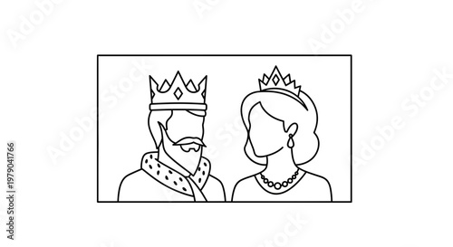 King and Queen Line Art Icon: Royal Couple Portrait with Crowns