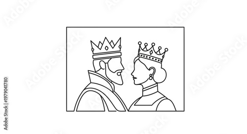 King and Queen Line Art Portrait, Royal Couple in Profile, Minimalist Crown Illustration