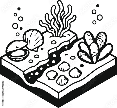 Line art vector illustration of clams and coral on the seabed