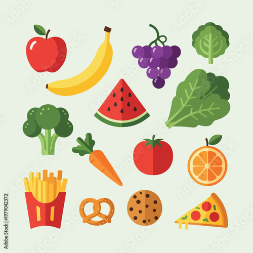 Colorful illustrated assortment of healthy foods and some junk food items