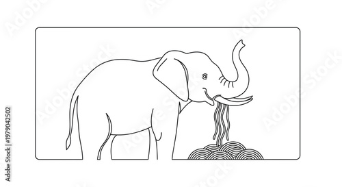 Elephant spraying hay from trunk onto pile, line art illustration