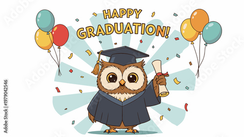 A cartoon owl in a graduation cap and gown holds a diploma with colorful balloons and confetti on a white background with a celebratory mood.