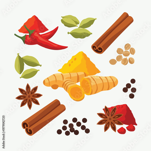 Colorful illustrated assortment of various spices and ingredients